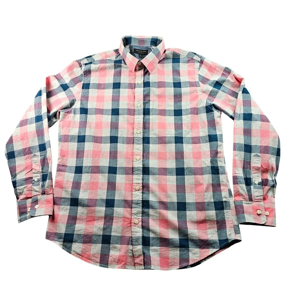 Banana Republic Shirt Men's Large‎ Blue Pink Plaid Soft Wash Slim Fit Button-Up